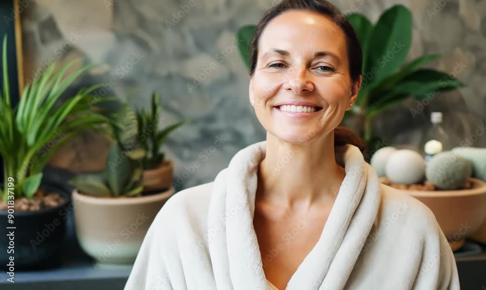 Portrait of happy woman in bathrobe looking at camera with smile Portrait of happy woman in bathrobe looking at camera with smile