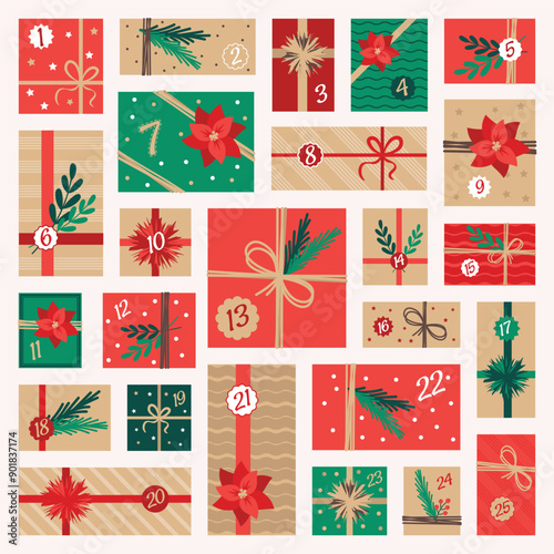 Christmas advent calendar template with gifts. Countdown holiday calendar. Vector illustration.