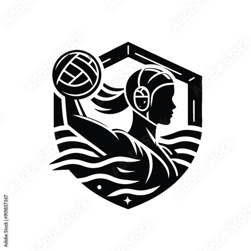 Water Polo sport female player with cyberpunk, glitch pattern illustration, emblem shield badge