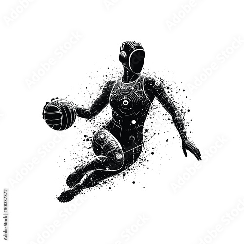 Water Polo sport female player with cyberpunk, glitch pattern illustration, emblem shield badge