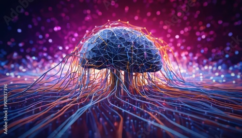 Neural network. 3D illustration. Big data. Data stream. Global database. Artificial intelligence. Bright, colorful background with bokeh effect