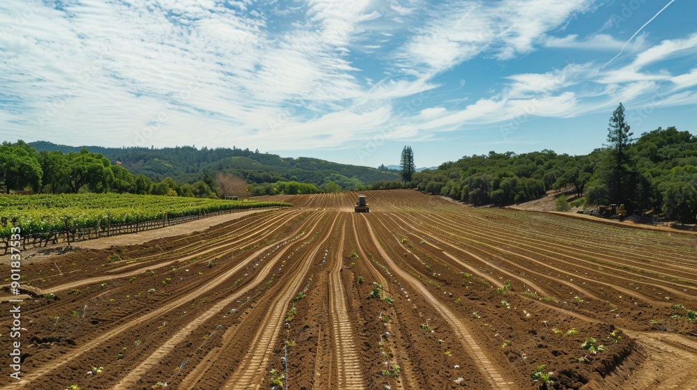 Panoramic View of Vineyard with Tillage Activities in Progress Under a Clear Blue Sky Panoramic View of Vineyard with Tillage Activities in Progress Under a Clear Blue Sky