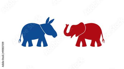 A blue donkey and a red elephant  representing democrat and republican us partiesover a white background.