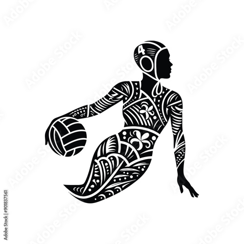 Water Polo sport female player with ethnic polynesia pattern illustration, emblem shield badge