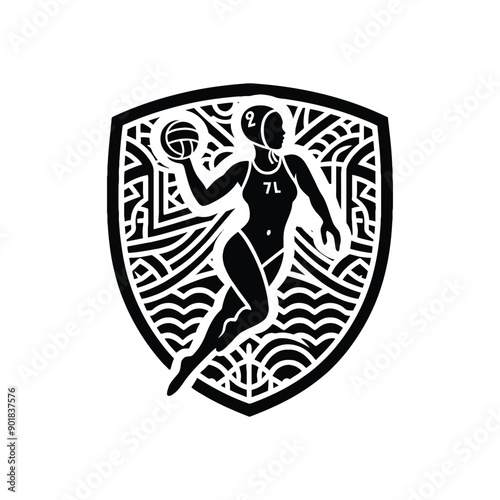 Water Polo sport female player with ethnic polynesia pattern illustration, emblem shield badge