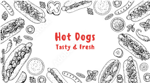 Hot dogs frame. Fast food vector illustration. Hot dog sketch. Hand drawn illustration. Hand drawing sketches