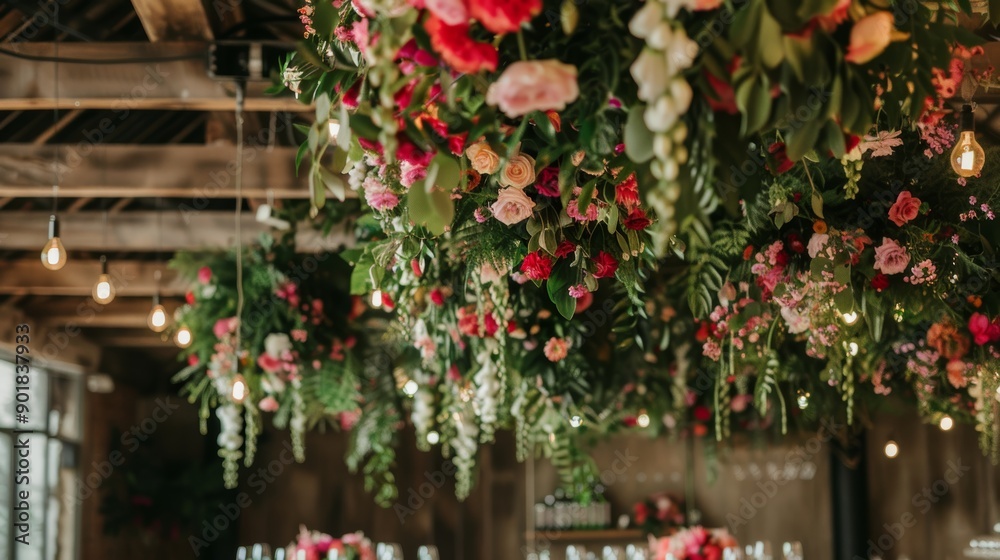 Fototapeta premium Elegant Wedding Reception Hall with Hanging Floral Installations and Cascading Greenery