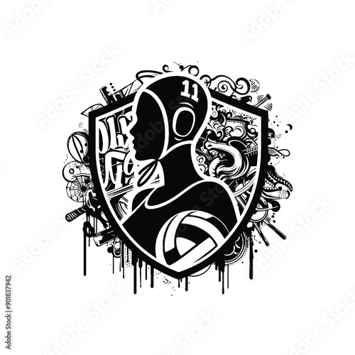Water Polo sport female player with graffiti tags, street art pattern illustration, emblem shield badge