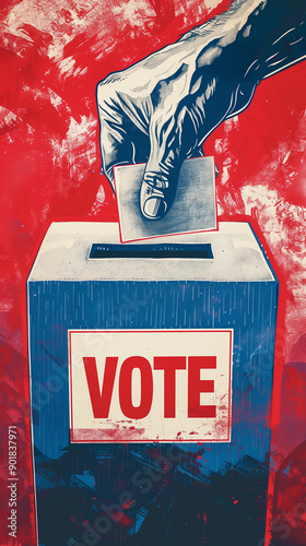 Illustration of a man's hand in putting a voting card into a voting box