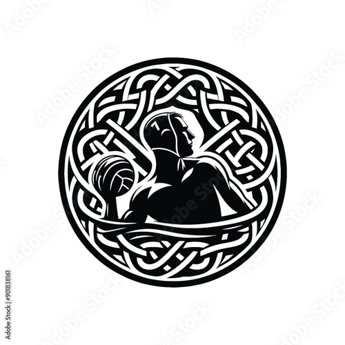 Water Polo sport male player with celtic knot, nordic pattern illustration, emblem shield badge