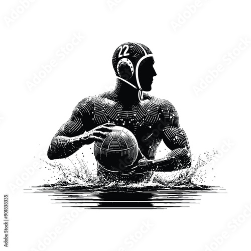 Water Polo sport male player with cyberpunk, glitch pattern illustration, emblem shield badge