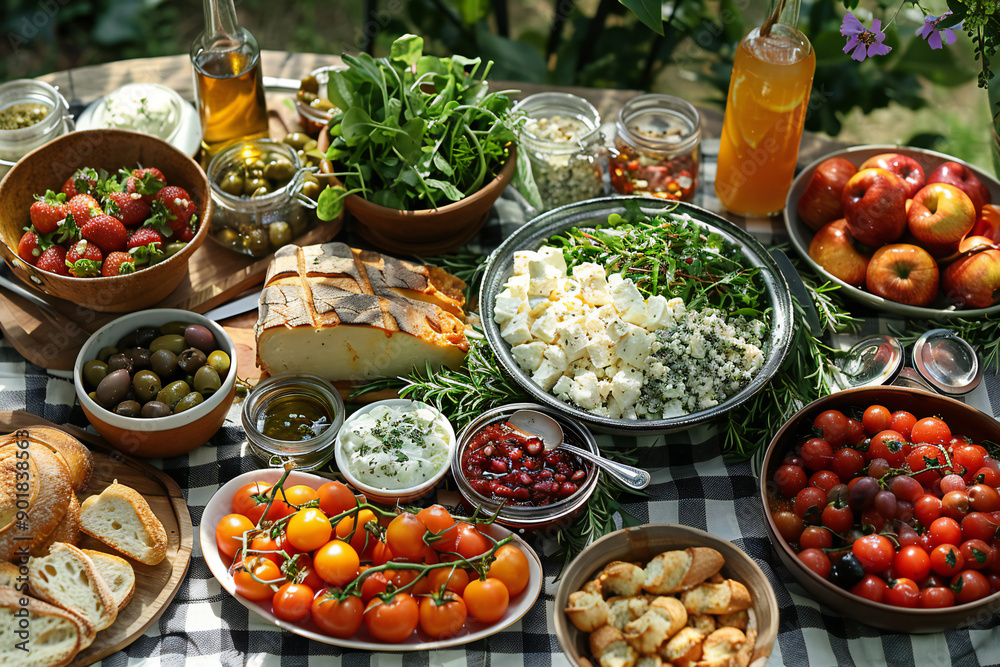 Summer Picnic Setup with Checkered Blanket Summer Picnic Setup with Checkered Blanket