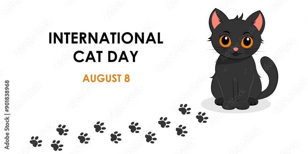 Postcard for the international cat day on August 8. Funny cartoon black cat on white background. Design template for greeting card, poster, flyer. Vector illustration Postcard for the international cat day on August 8. Funny cartoon black cat on white background. Design template for greeting card, poster, flyer. Vector illustration