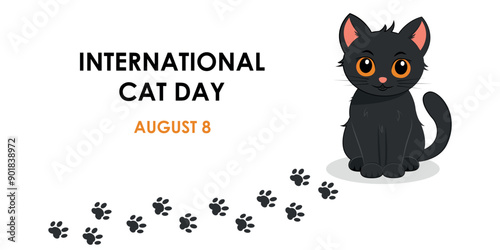 Postcard for the international cat day on August 8. Funny cartoon black cat on white background. Design template for greeting card, poster, flyer. Vector illustration