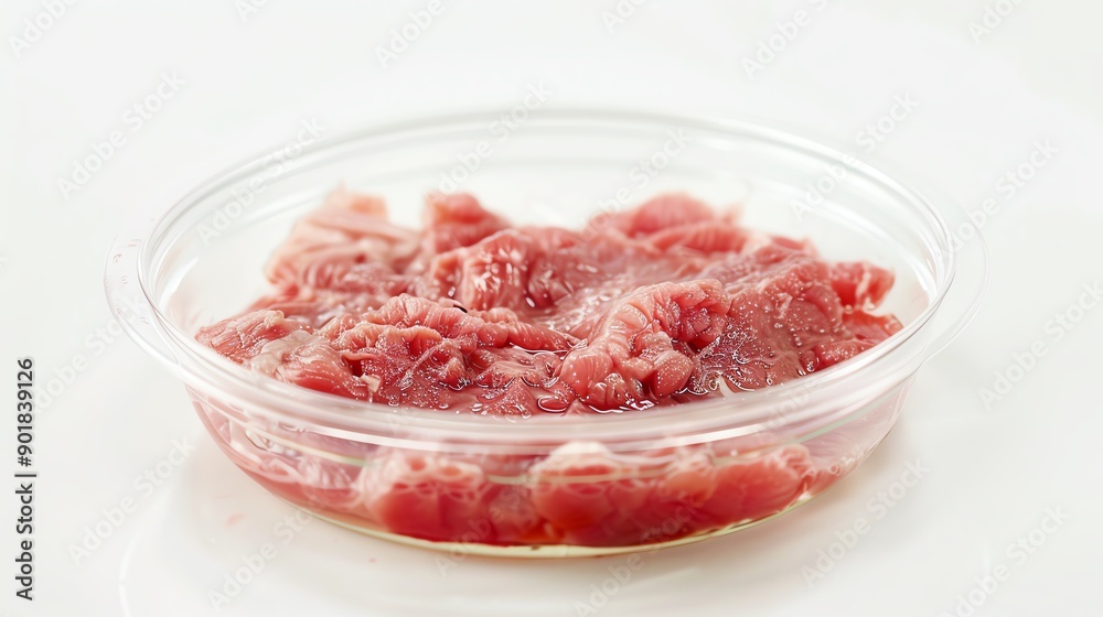 Raw cultured meat in Petri dish on white table closeup view Text space available Raw cultured meat in Petri dish on white table closeup view Text space available