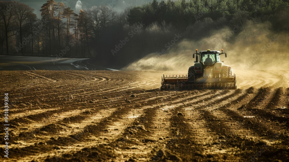 Fototapeta premium Powerful Tractor Performing Deep Tillage Plowing in a Vast Agricultural Field