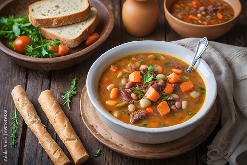 Hearty Jókai Bableves (Jókai Bean Soup) with Smoked Meat and Vegetables in a Rustic Ceramic Dish photo