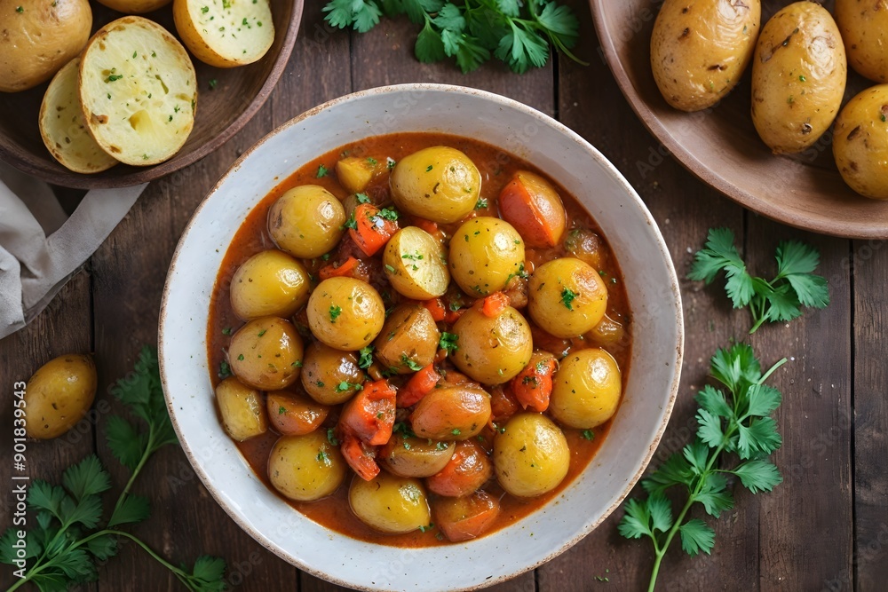 Delicious Paprikás Krumpli (Paprika Potatoes) with Smoky Paprika Sauce and Fresh Parsley in a Rustic Ceramic Bowl