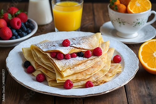 Elegant Palacsinta (Hungarian Crepes) with Sweet and Savory Fillings on Fine China Plate photo