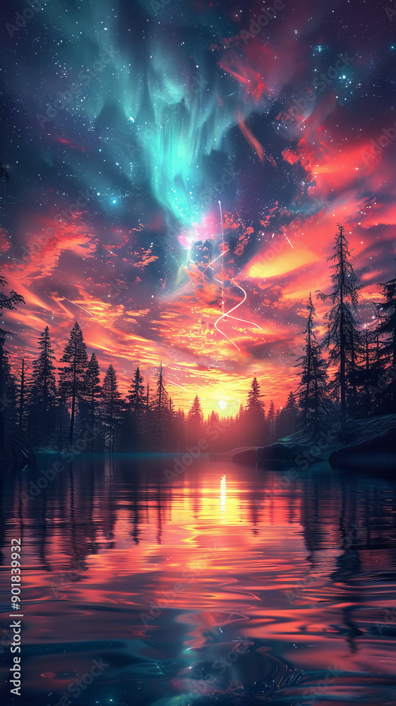 Fototapeta premium Aurora-lit valley on frigid planet, inhabitants drawing power from celestial lights, vertical auroral scene.generative ai