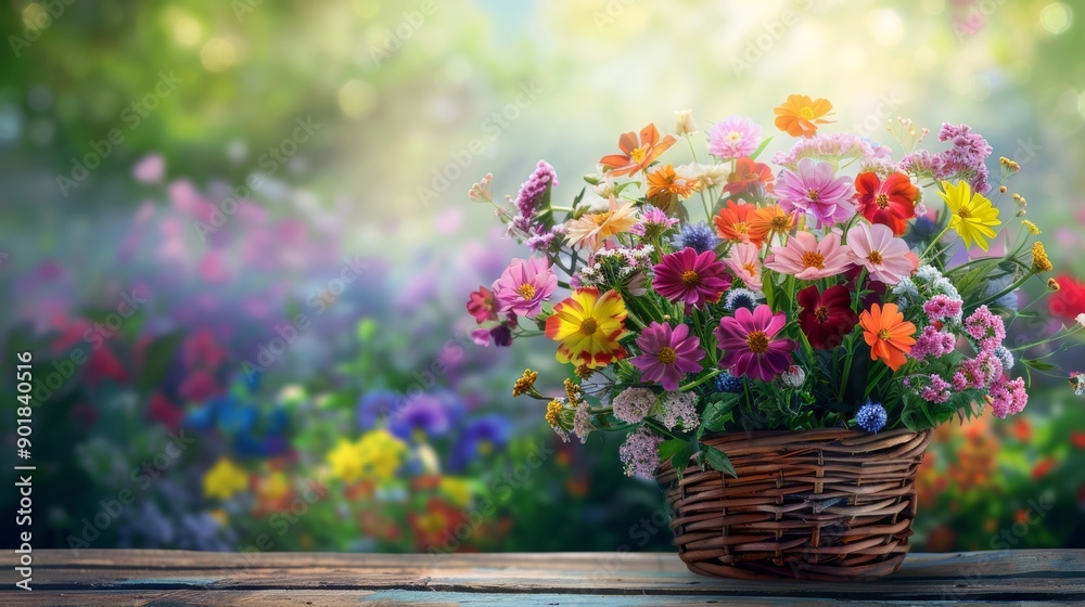 Vibrant Spring Flowers in Rustic Wicker Basket on Wooden Table for Garden Decor