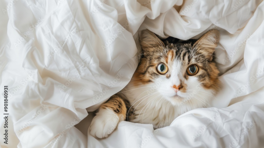 Young cat relaxing under cozy white cover on a bed indoors Overhead shot Young cat relaxing under cozy white cover on a bed indoors Overhead shot