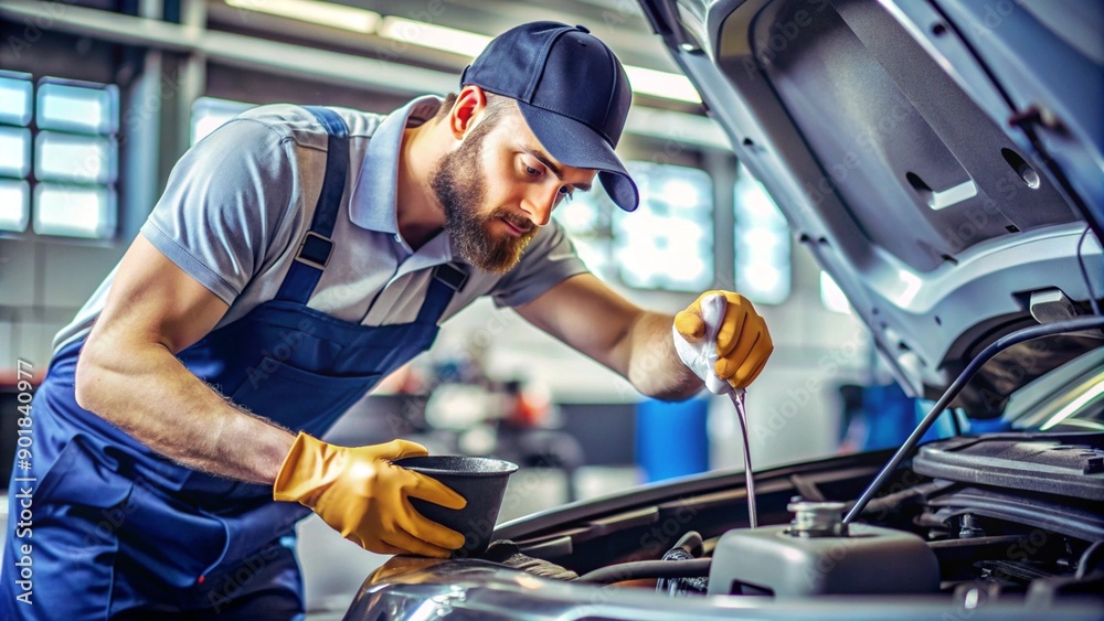 Professional Male Mechanic Refilling Car Oil in Service Center Professional Male Mechanic Refilling Car Oil in Service Center