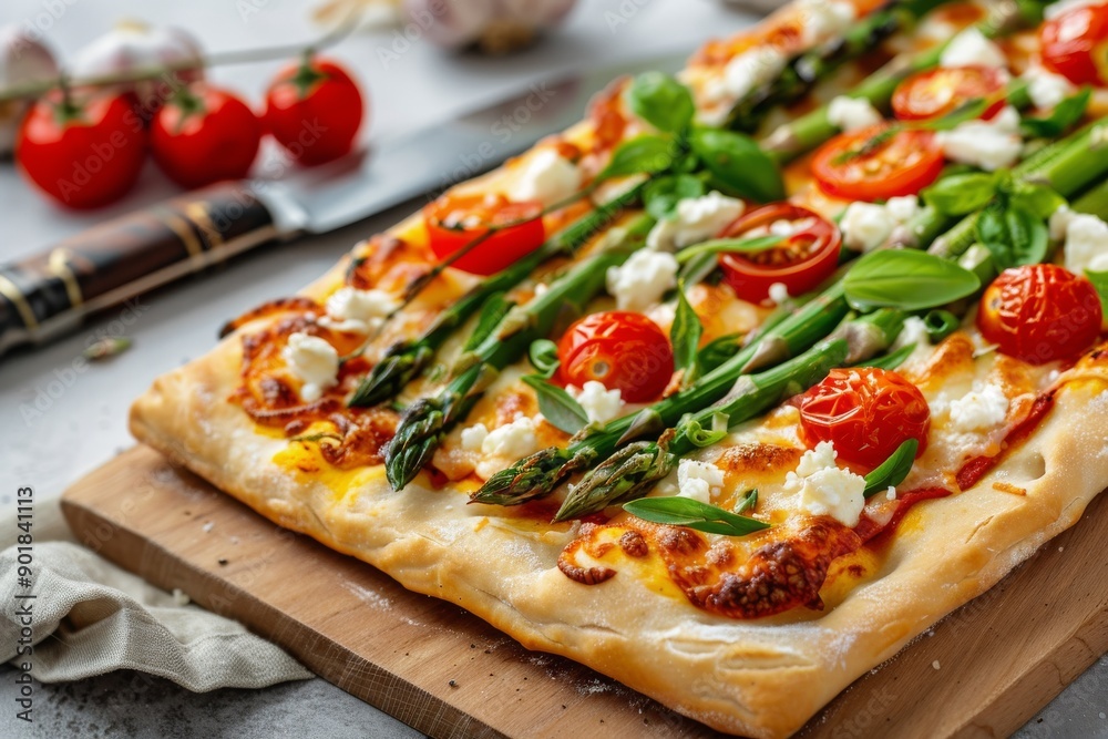 Asparagus and Tomato Pizza on Wooden Board Asparagus and Tomato Pizza on Wooden Board