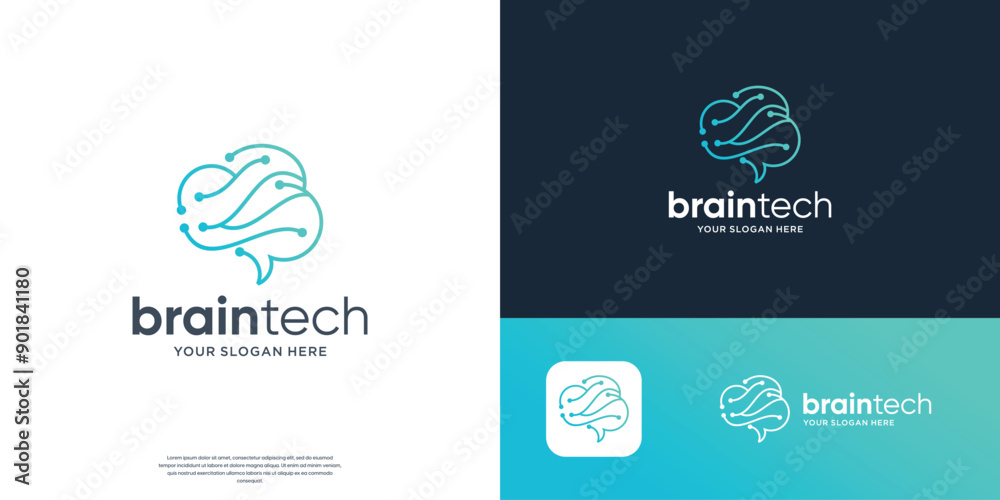 Fototapeta premium minimalist brain tech logo design, circuit tech concept line style vector illustration.