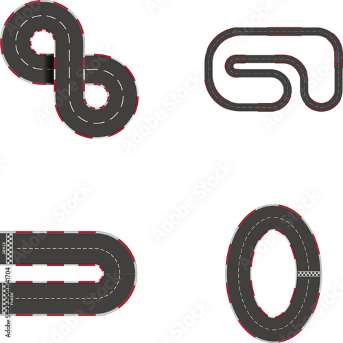 Speedway icons set cartoon vector. Curve and circle racetrack. Sport kart