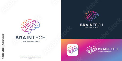 minimalist Brain Logo Design Vector Template. creative lines dot and colorful concept.