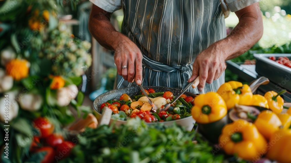Eco-conscious Man Cooking with Fresh Local Farm Produce, Sustainable Living and Supporting Local Farmers Concept Eco-conscious Man Cooking with Fresh Local Farm Produce, Sustainable Living and Supporting Local Farmers Concept