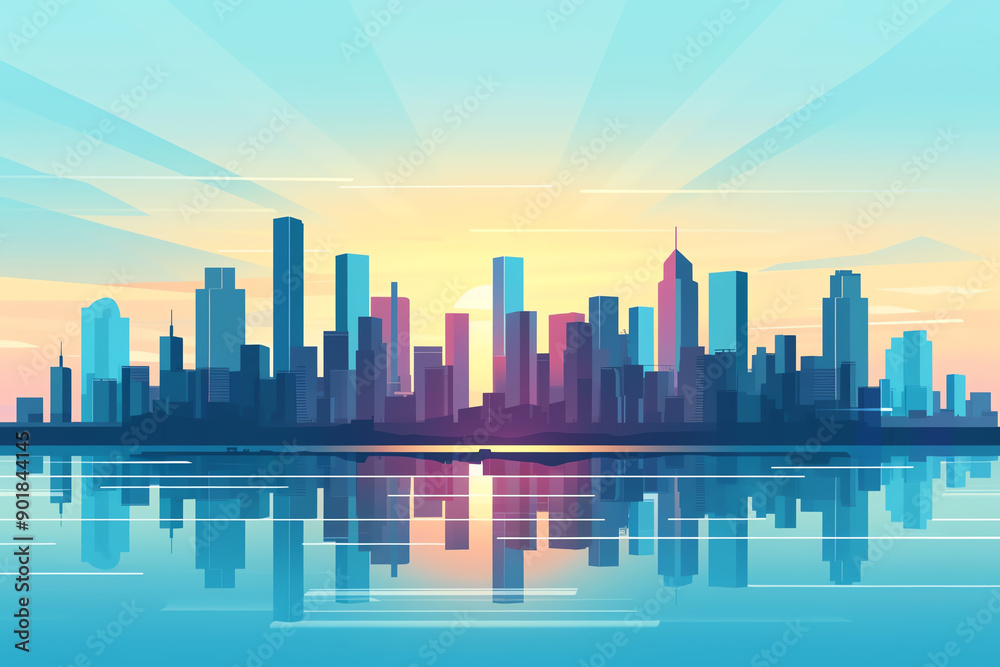 Flat design city skyline with river crossing, top view, urban theme Flat design city skyline with river crossing, top view, urban theme