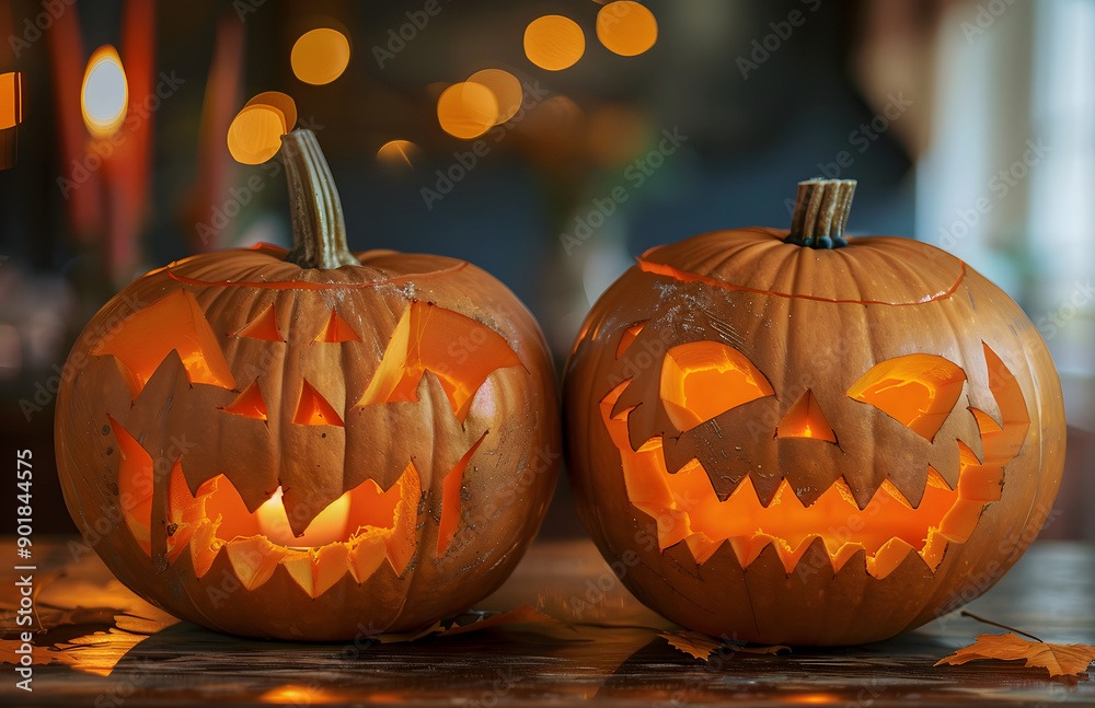 Fototapeta premium close up of carved halloween pumpkins on table