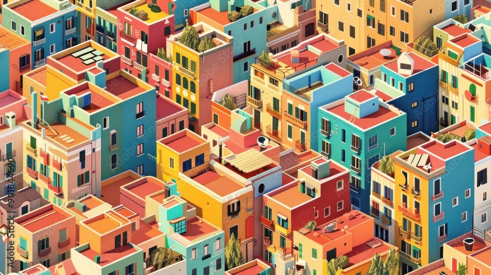 Colorful cityscape with buildings, balconies, and windows. Colorful cityscape with buildings, balconies, and windows.