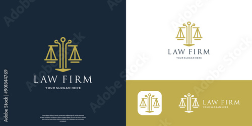 Lawyer symbol logo, scale and justice minimal line vector icon.