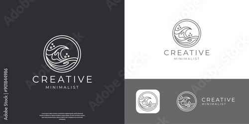 ocean line art logo minimalist design, ocean wave landscape in circle shape concept.