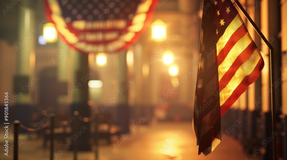 Fototapeta premium American flag blowing in the wind with blurred city lights.