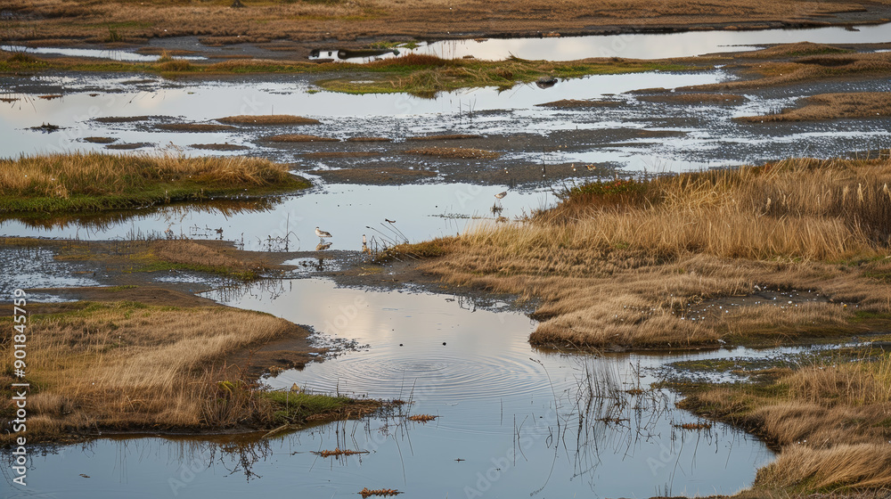 Distant View of Multiple Small Water Puddles on a Plain. Generative AI Distant View of Multiple Small Water Puddles on a Plain. Generative AI