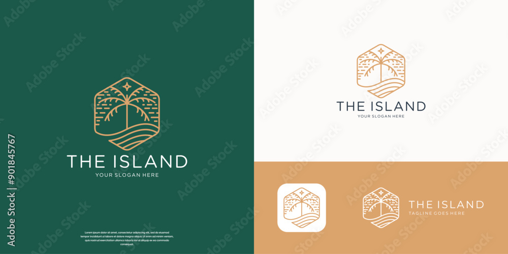 minimalist the island logo of waves and palm tree outline art vector.