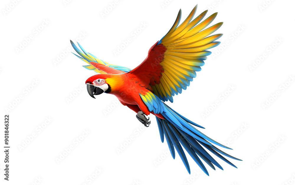 Fototapeta premium colorful parrot in flight with vibrant feathers, ideal for tropical and exotic bird-themed projects.