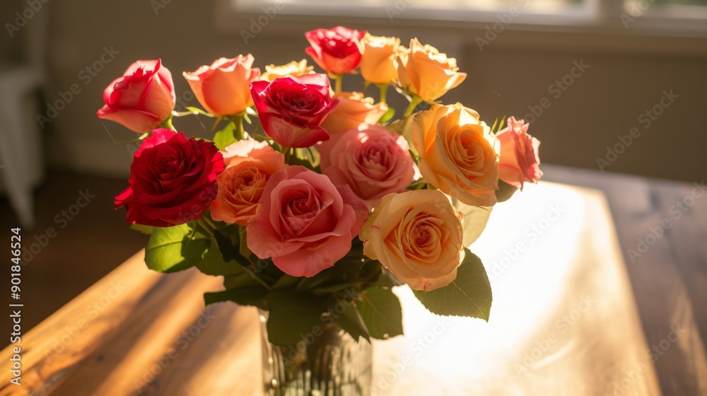 Obraz premium Bouquet of fresh roses in varying shades, placed in a simple vase on a wooden table