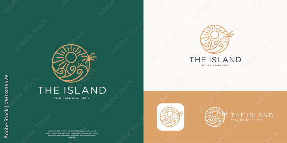 minimalist the island logo of sun beach waves and palm tree line art vector. minimalist the island logo of sun beach waves and palm tree line art vector.