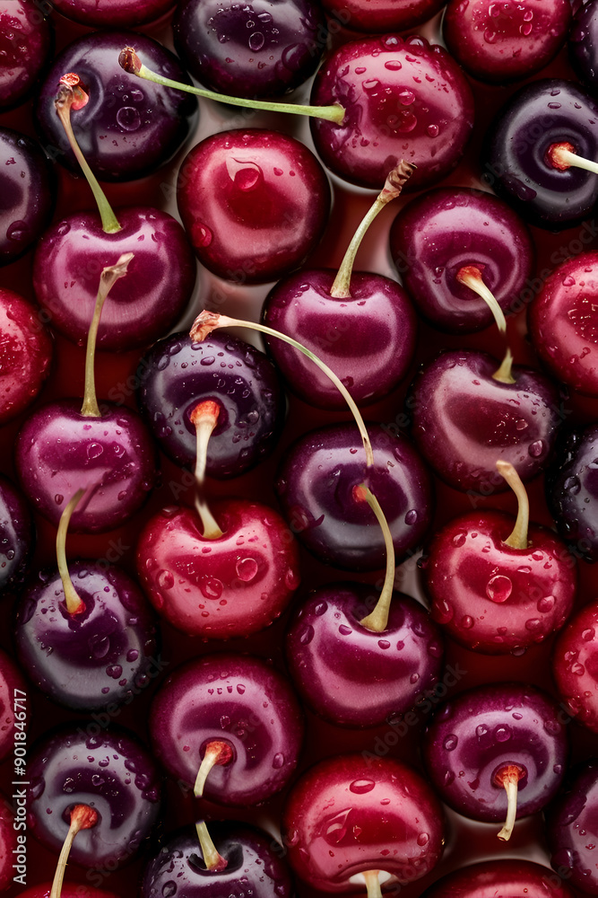 background image of ripe deep red and burgundy cherries around water. fllat lay. digital artwork. Ai generated.