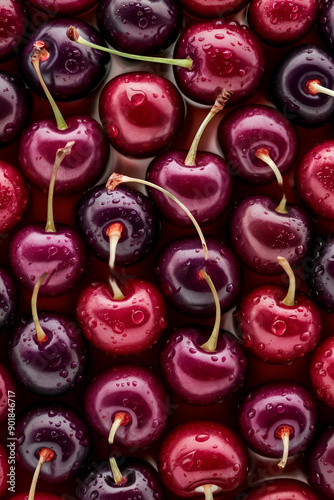 Obraz na płótnie background image of ripe deep red and burgundy cherries around water. fllat lay. digital artwork. Ai generated. w salonie