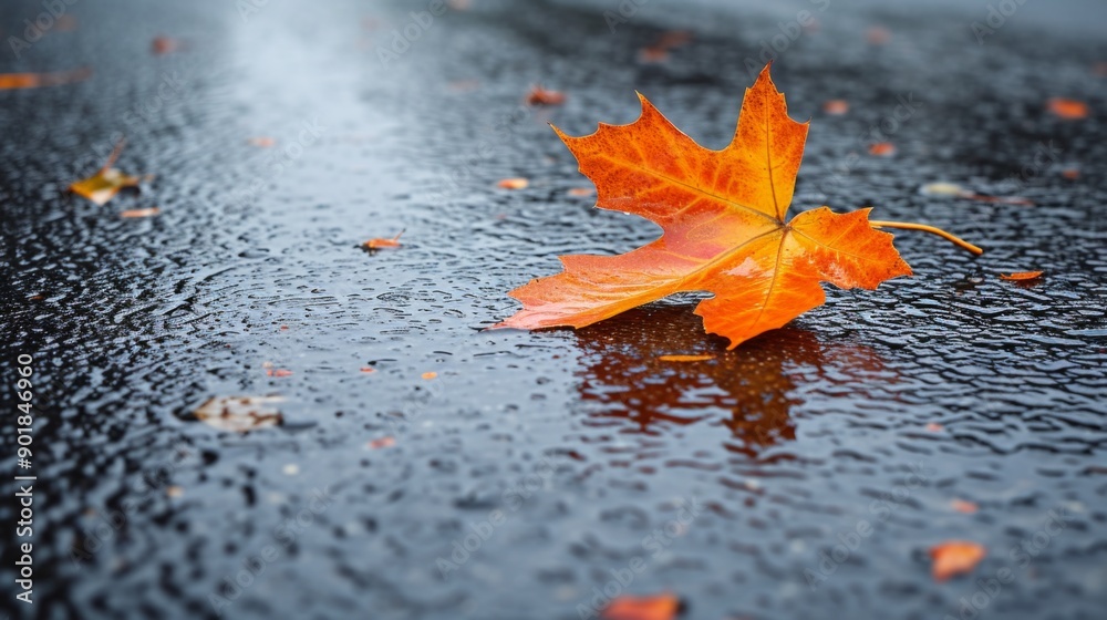 Single autumn leaf lying on a wet asphalt road Single autumn leaf lying on a wet asphalt road