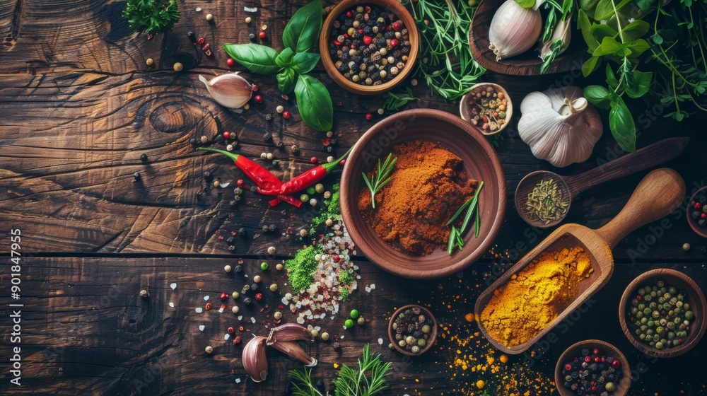 Assorted spices and herbs on rustic wooden table