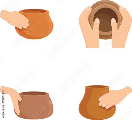 Pottery studio icons set cartoon vector. Creating clay vase on wheel. Pottery master class