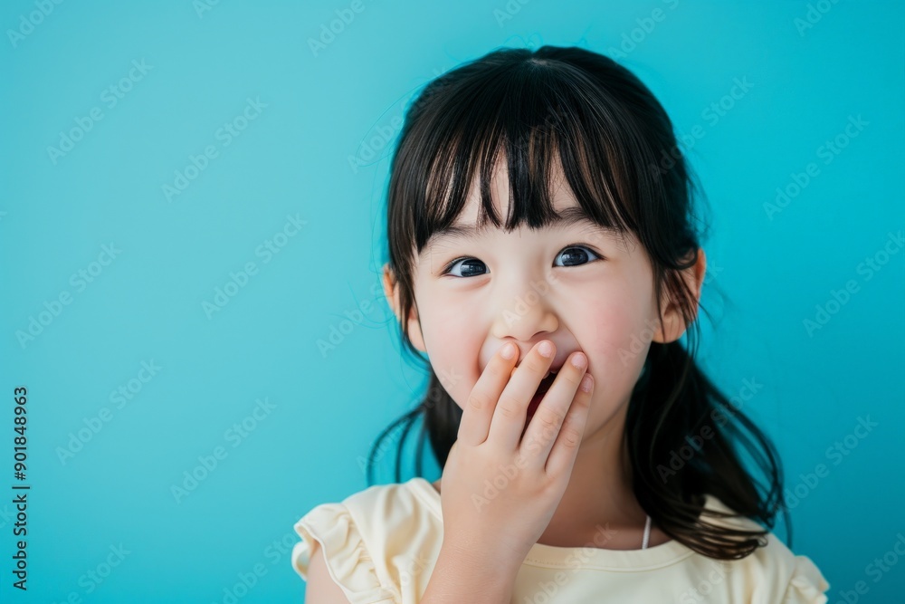 portrait of a young japanese kid covering her mouth with her hand portrait of a young japanese kid covering her mouth with her hand