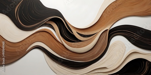 Waves of black, brown and cream on white background,  abstract background 3d waves illustration